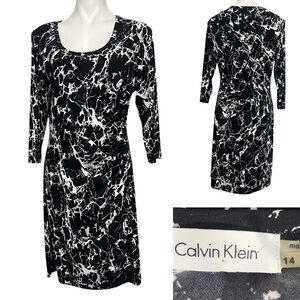Calvin Klein dress sz 14 black/white Marble Print Long Sleeve knee length
